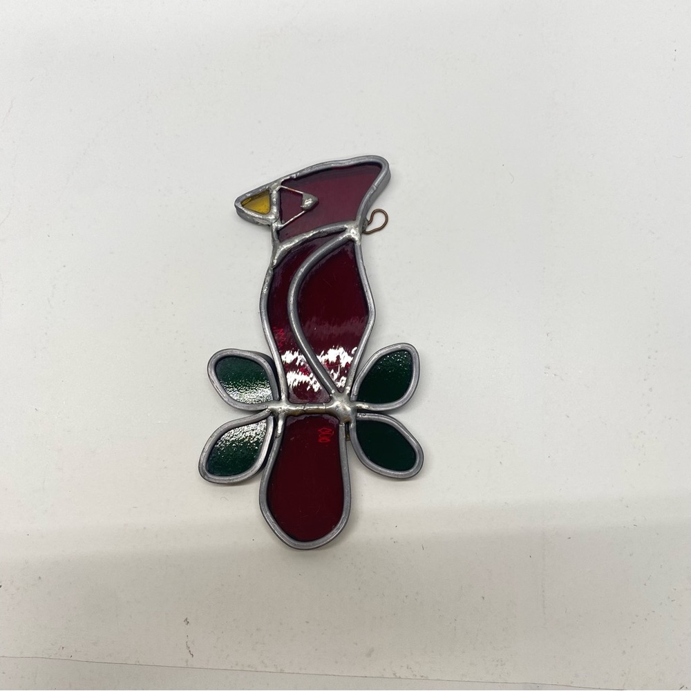 Vintage Cardinal Stained Glass Suncatcher Red Bird w/ Green Leaves WIndow Decor